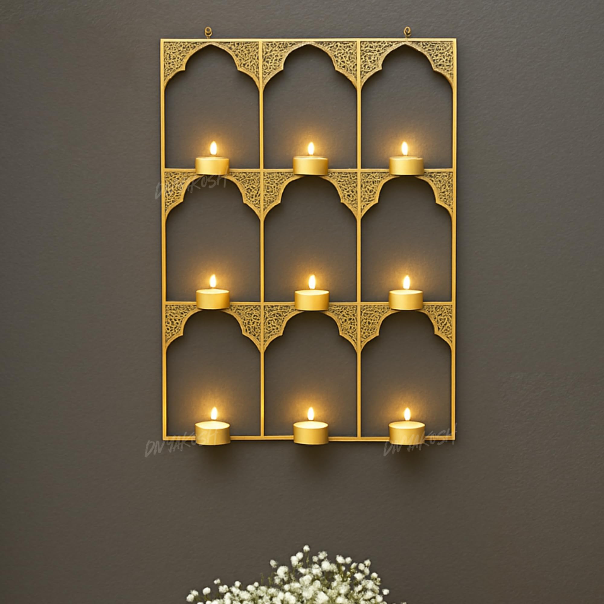 Golden Wall Mounted Nine Tea Light Candle Holder Stand– Decorative Iron Frame | Moroccan Arch Design | Festive Home Decor for Diwali, Pooja Room & Living Room Accent |