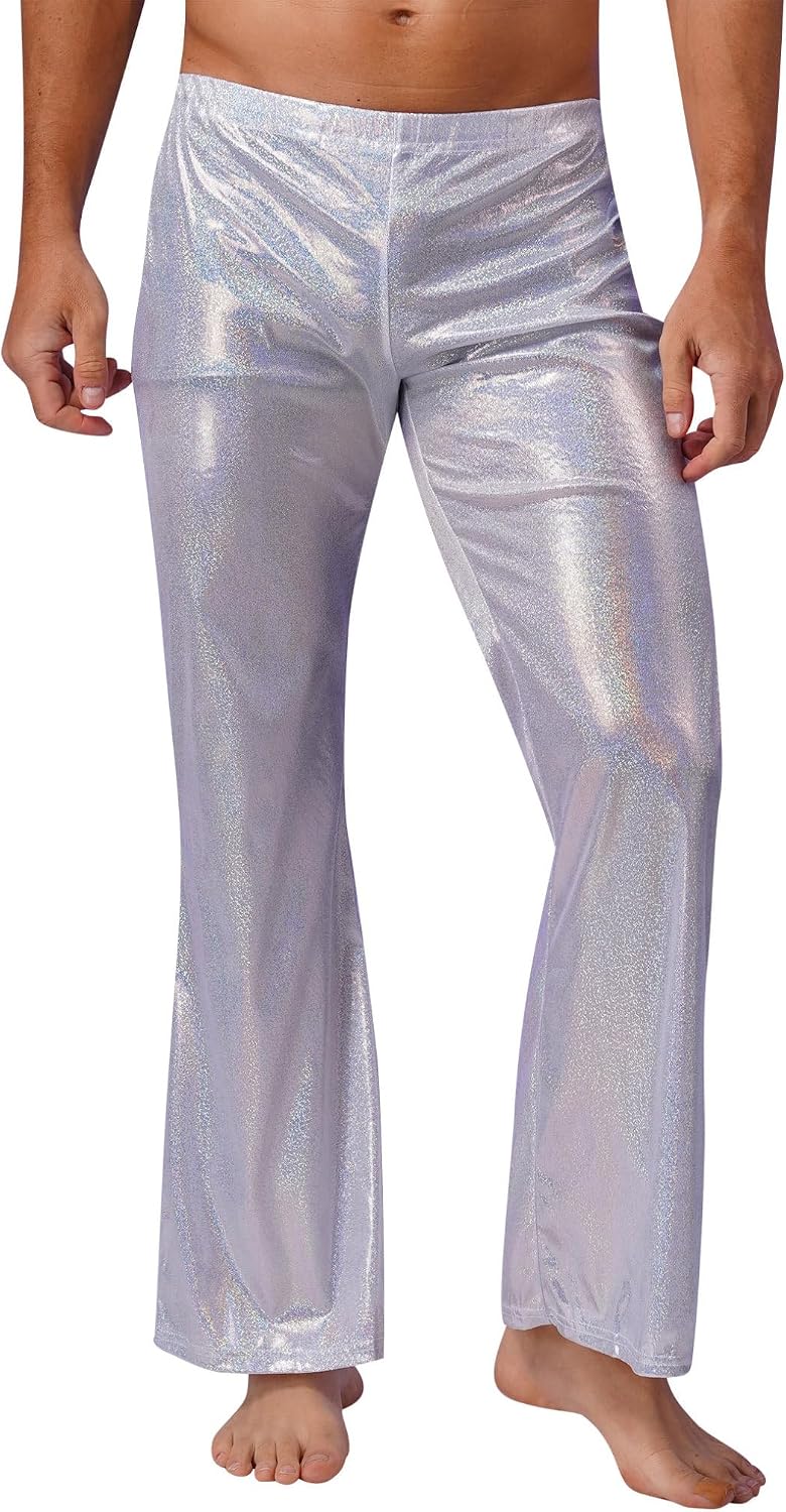 ACSUSS Men's Shiny Metallic 60s 70s Disco Long Pants Bell Bottoms Vintage Flared Trousers Club Party