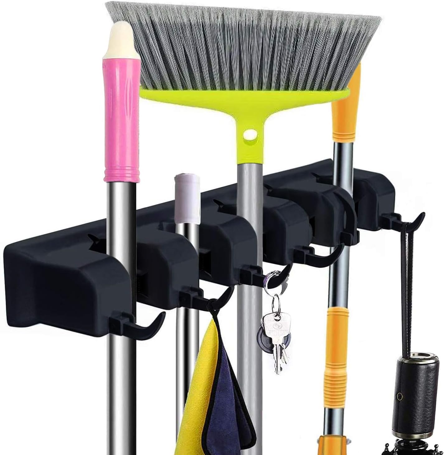 BAREPEPE Mop Holder and Broom Holder, 5 Slot Position with 6 Hooks Brooms Holder Wall Mounted,Heavy Duty Home Garden Garage and Storage Organizer-image-27