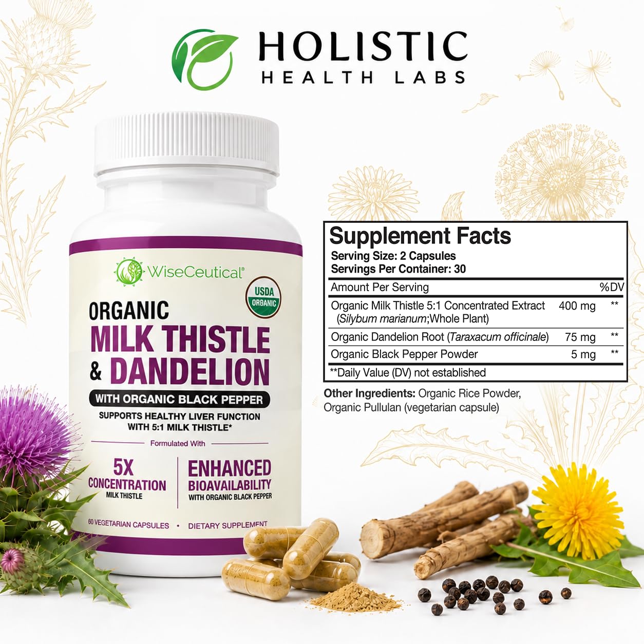 Max Absorption USDA Organic Milk Thistle Potent 5:1 Concentrated Extract (2000mg Strength) & Organic Dandelion Root | Silymarin Antioxidant Flavonoid | Liver Support Supplement (60 Count (Pack of 1)) — Amazon image 7