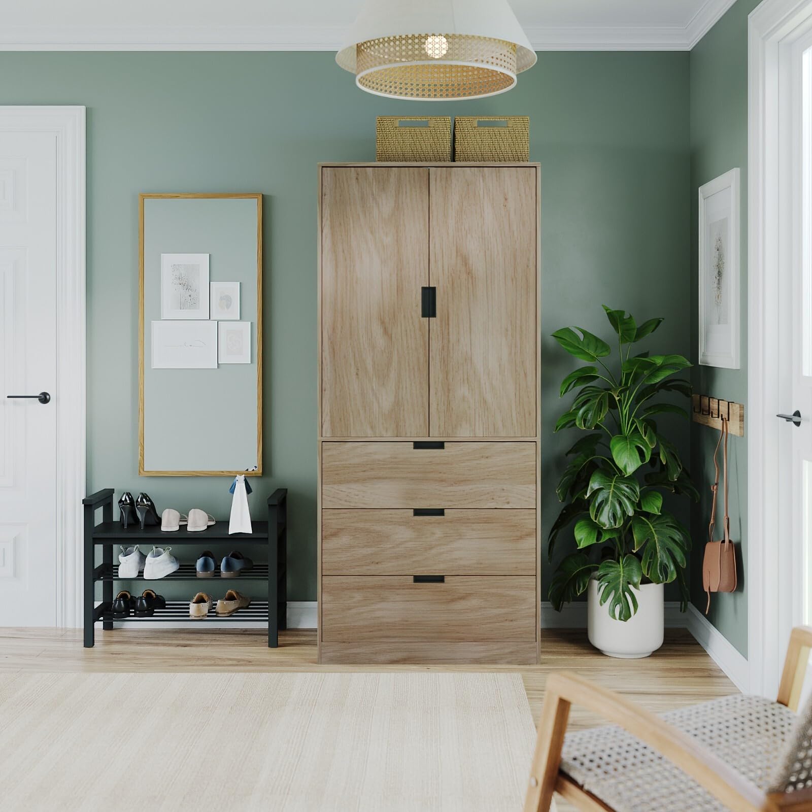 URBNLIVING Modern 2 Door Wardrobe with 3 Drawers & Hanging Rail, Stylish Freestanding Storage, Spacious Interior - Image 6