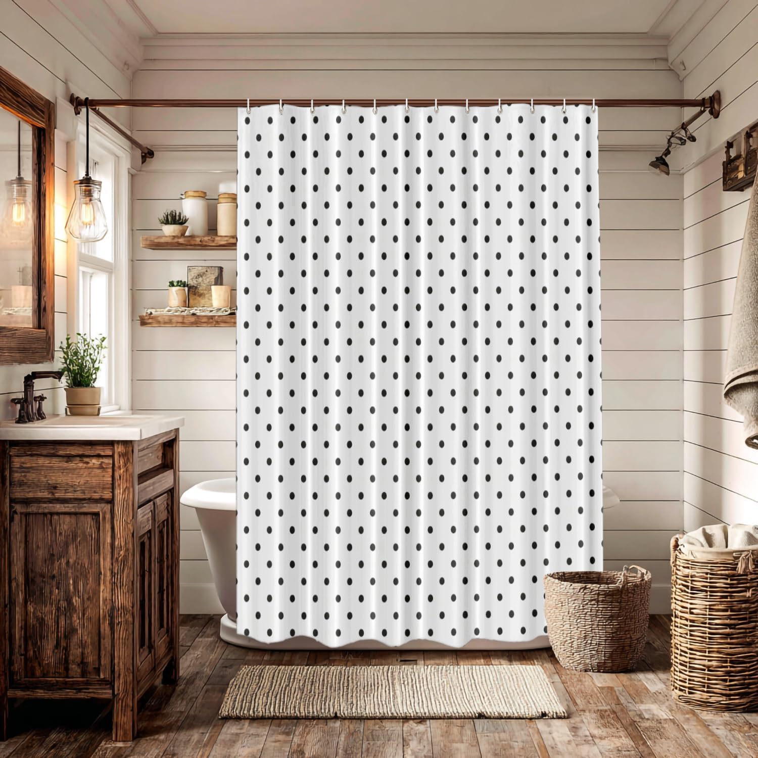 Batmerry Black Polka Dot Decor Shower Curtain, Abstract Circle Monochrome Geometric Cute Bathroom Decor Polyester Fiber Plastic Rings Quick-Drying Waterproof for Bathtubs/Bathroom, 72x60 inches