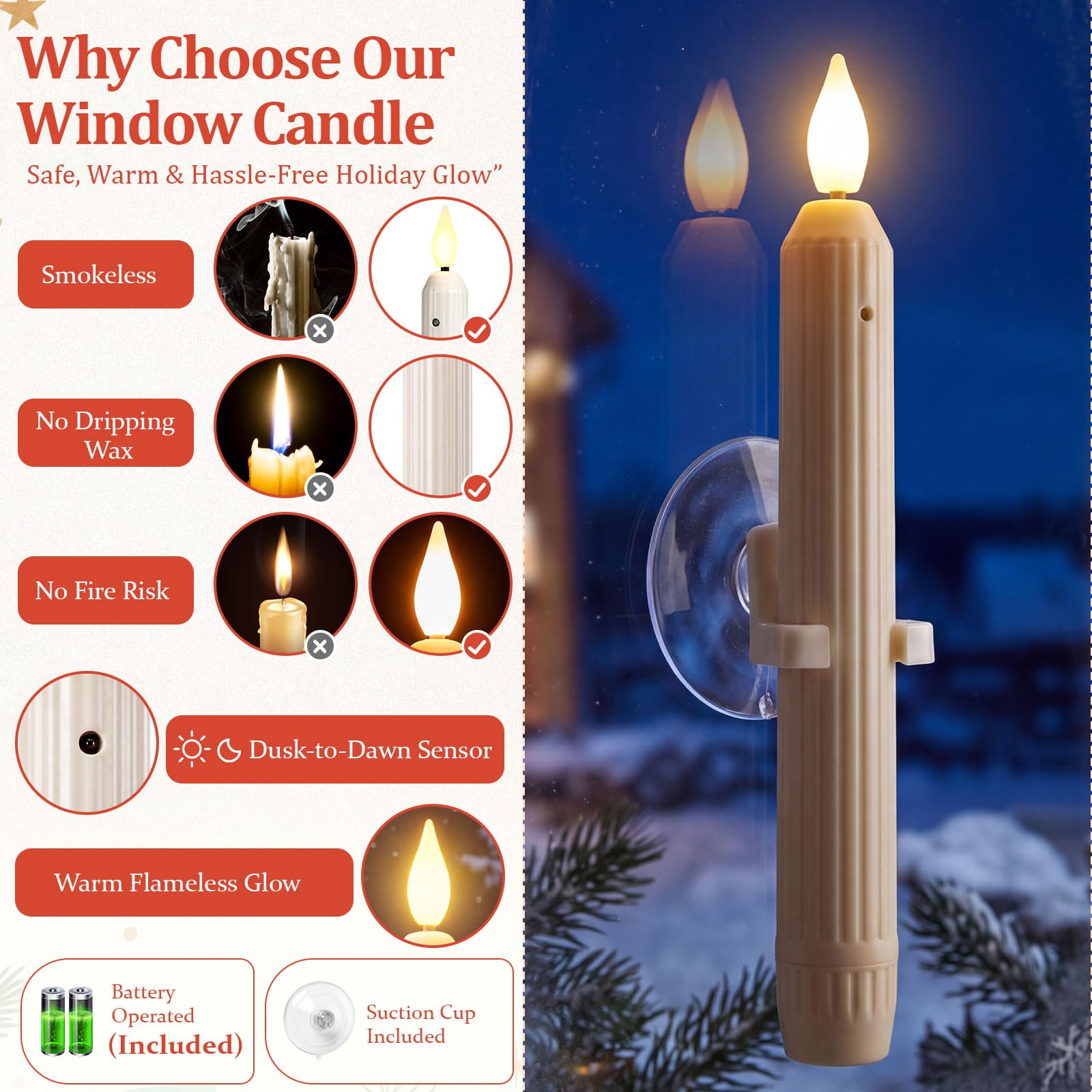 Yungyan Set di 12 candele natalizie per finestre con sensore dal tramonto all'alba, luci per finestre a batteria con 12 ventose e 24 batterie AA, candele a LED senza fiamma per decorazione domestica