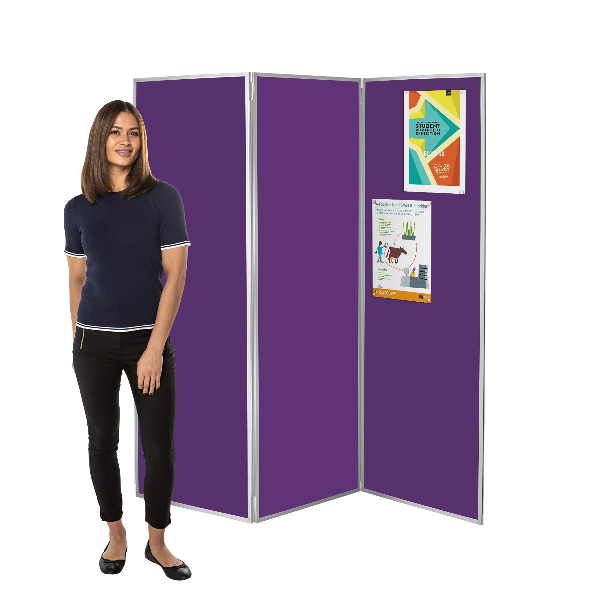 Wonderwall Violet Concertina Freestanding 3 Panel Display Board, Purple Pinboard, 180 X 180 Cm, Privacy Partition Display Screen, Grey Pvc Frame - Ideal For Schools, Office, Library, Healthcare