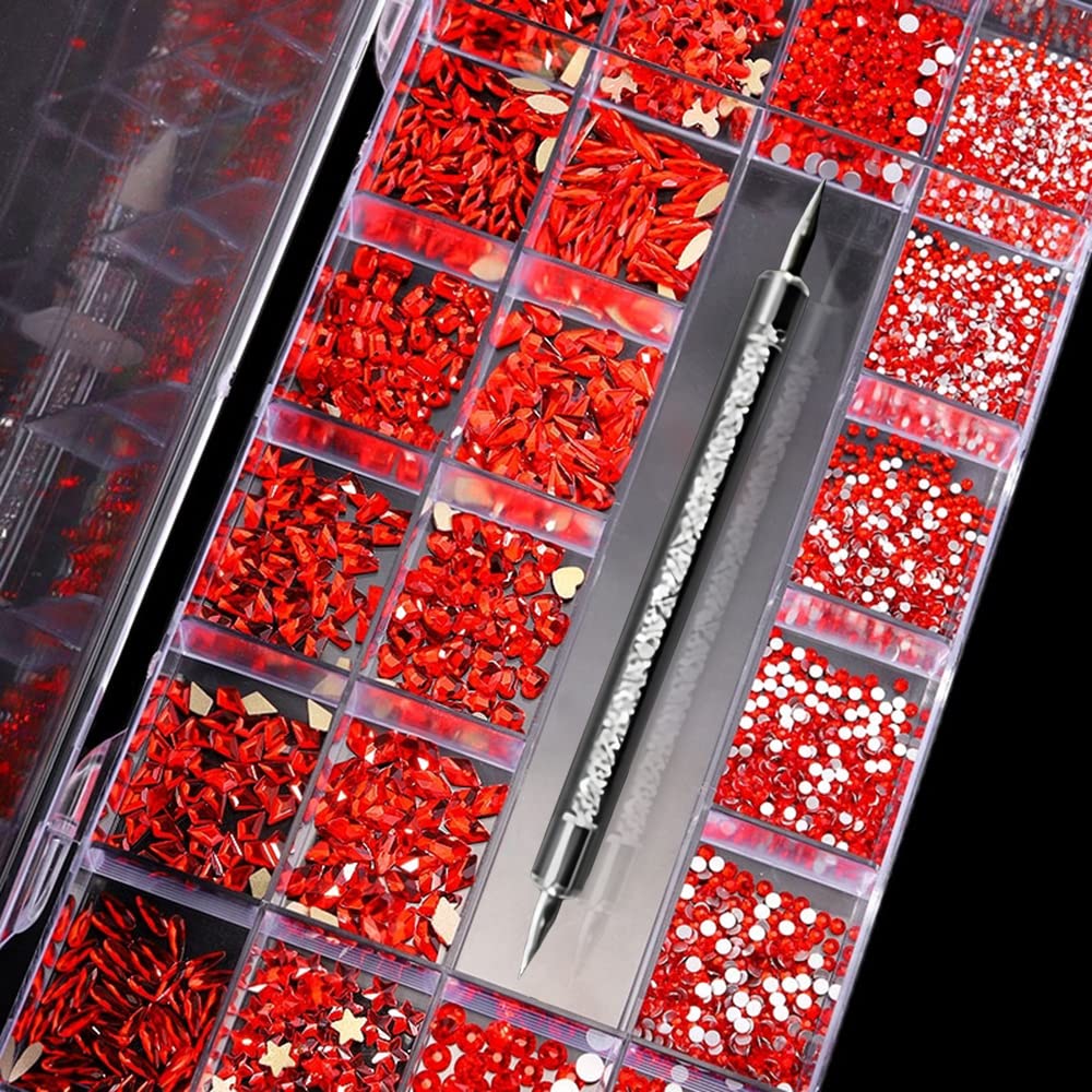 Kit di 3100 strass per unghie con cristalli e cristalli AB, con diamanti 3D, con penna per trapano, cristalli per unghie non Hotfix, decorazione per unghie (rosso)