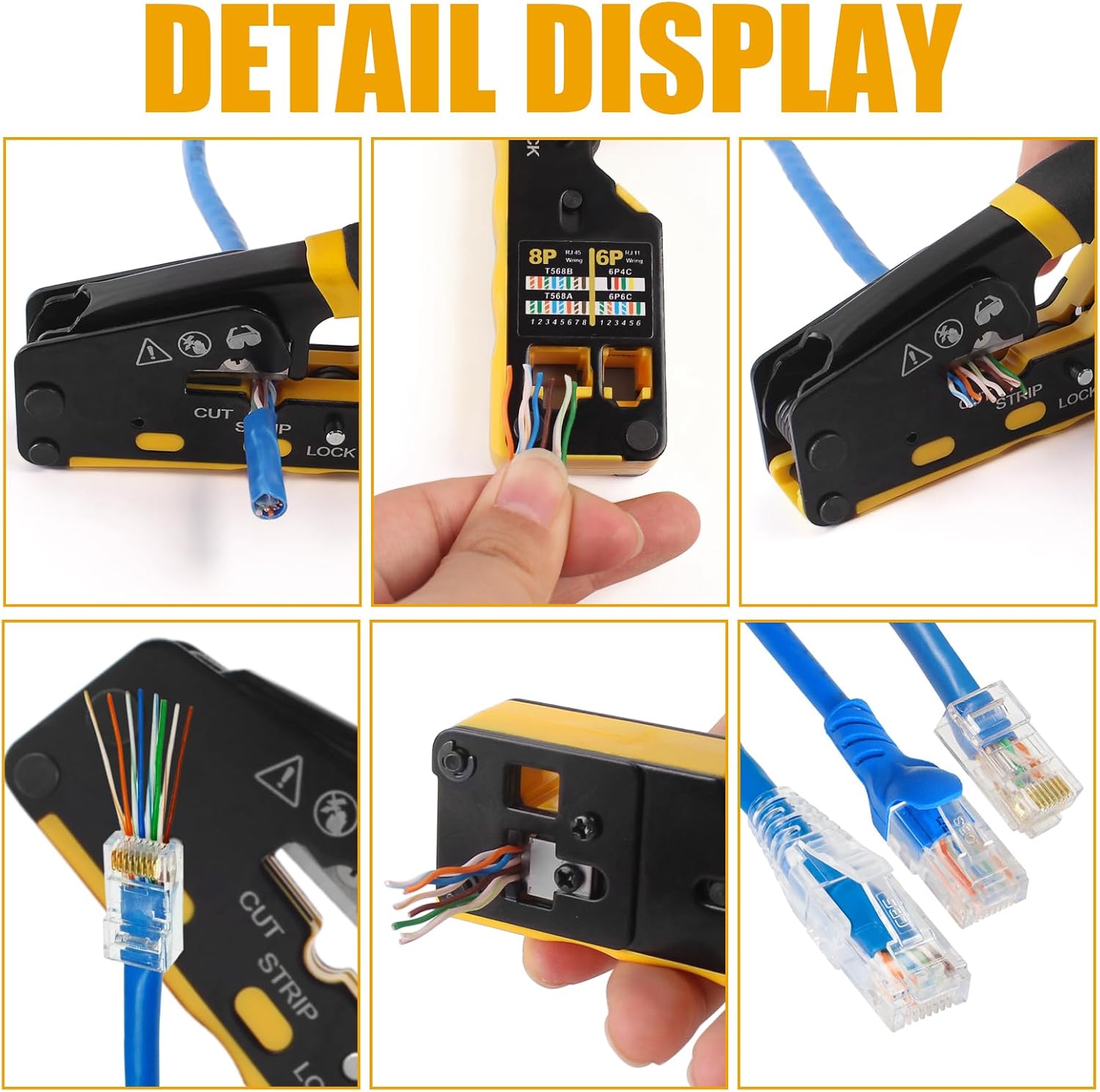 RJ45 Crimp Tool - 8P6P Ethernet Crimper for Cat5/Cat5e/Cat6/Cat6a Connectors, Network Cable Crimper with Built-in Cable Stripper & Cutter