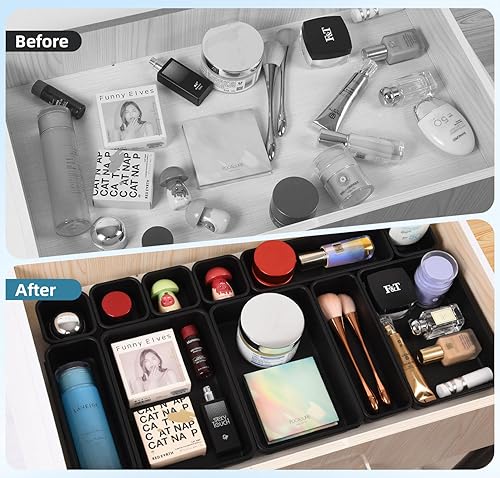 Miniatura 7 de Juego de organizador de cajones de 15 piezas, 3 tamaños entrelazados de plástico para suministros de oficina, tocador de maquillaje de joyas, baño,