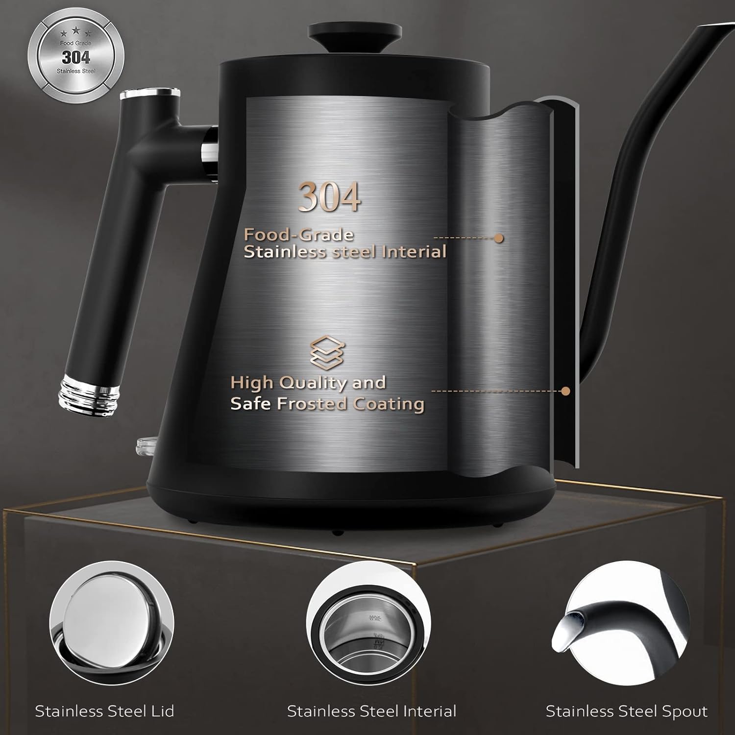 ECORELAX Gooseneck Electric Kettle, Pour Over Coffee and Tea Kettle, 100% Stainless Steel Inner with Leak Proof Design, 1200W Rapid Heating, Strix Boil-Dry Protection, 0.8L, Matte Black: Home & Kitchen
