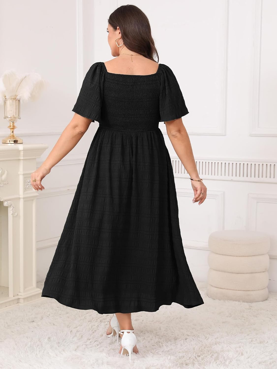 Plus Size Casual Maxi Boho Dress for Curvy Women Short Sleeve Square Neck Smocked Summer Beach Dresses Button Down - Image 3