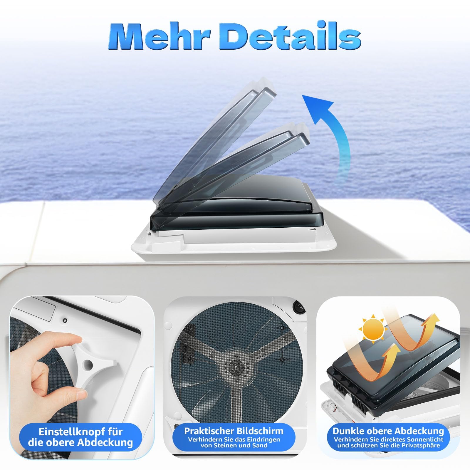 Wohnwagen Wohnmobil Dachfenster Schalldichte Dachluke Leiser Lüfter mit LED Belüftung Dachfenster Ventilator Dachlüfter Umkehrlüfter Geräuscharmer Wohnmobilausstattung mit Insektenschutzgitter