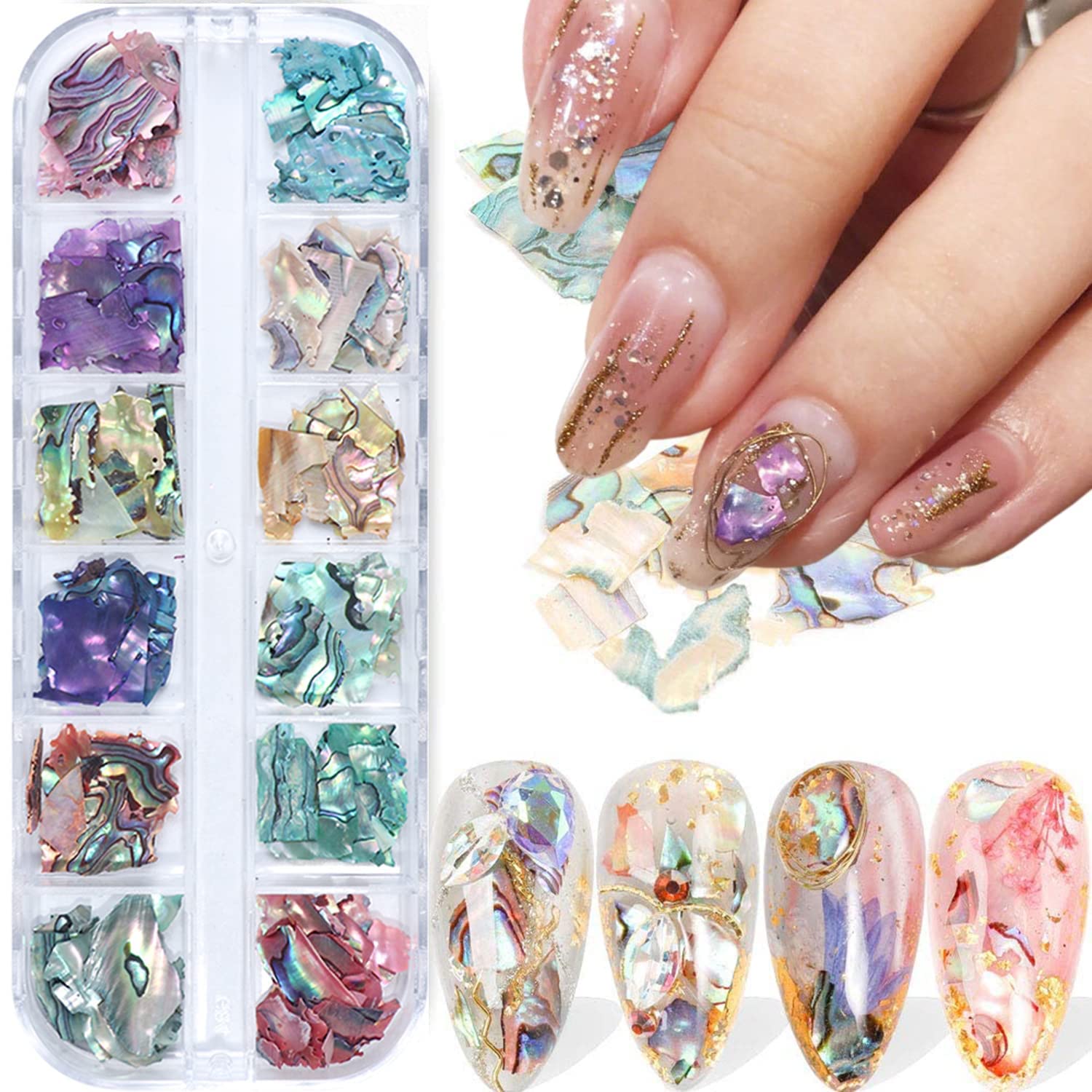 SYOSI Seashell Nail Art Sequins - 3D Irregular Glitter Flakes Decorations, Colorful Manicure UV Gel Flake Sequins (12 Colors)