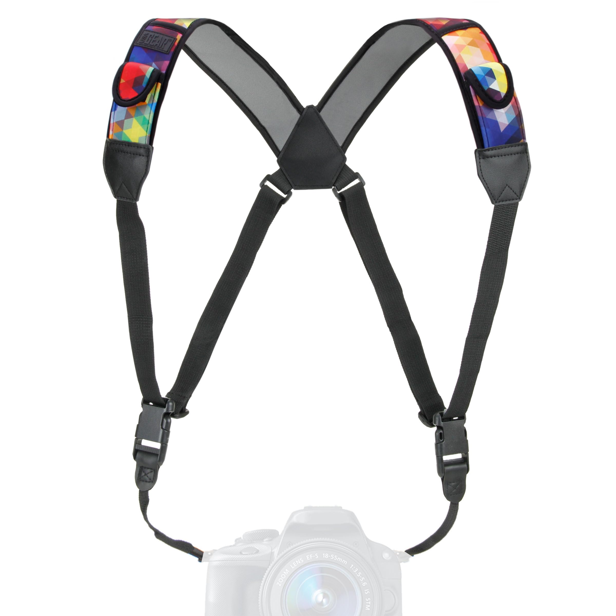 USA Gear DSLR Camera Strap Chest Harness with Quick Release Buckles, Geometric Neoprene Pattern and Accessory Pockets - Compatible with Canon, Nikon, Sony Point and Shoot and Mirrorless Cameras