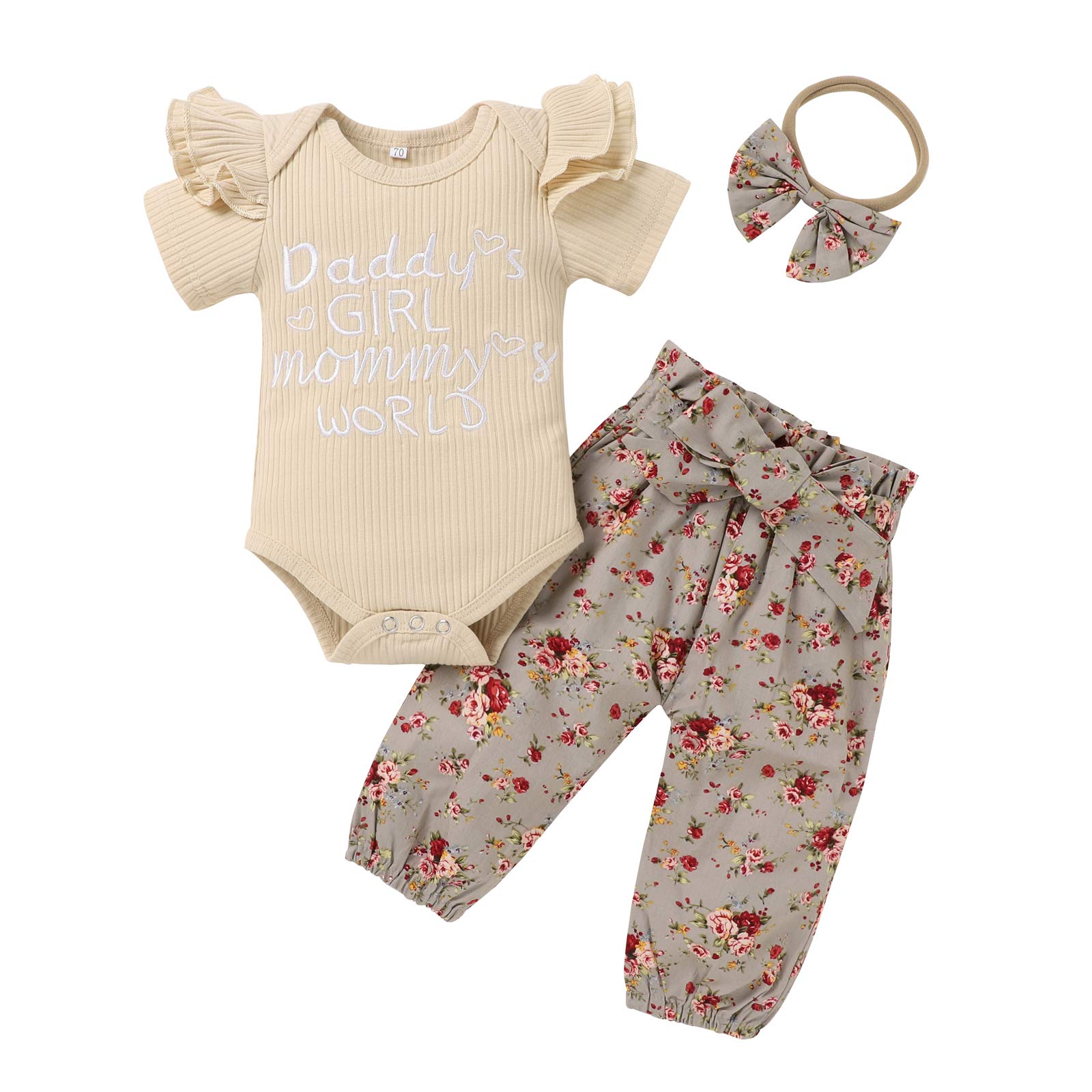 Yccutest Newborn Baby Girl Clothes Sets Long Short Sleeve T Shirt Romper + Pants + Headbands 3Pcs Toddler Girl Outfits (A-Beige Floral, 9-12 Months)