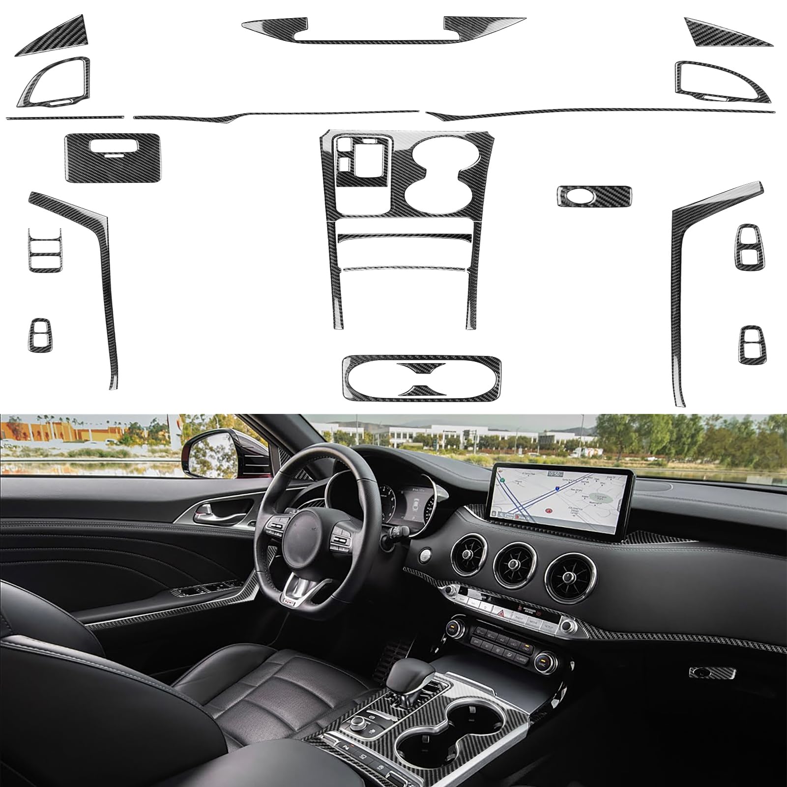 Auto Interior Decoration Decal Full Complement Sticker 25pcs Set Premium Sticker Real Quality Soft Carbon Fiber Interior Trim Accessories Compatible with Kia Stinger 2019 2020 2021 2022 2023 Black