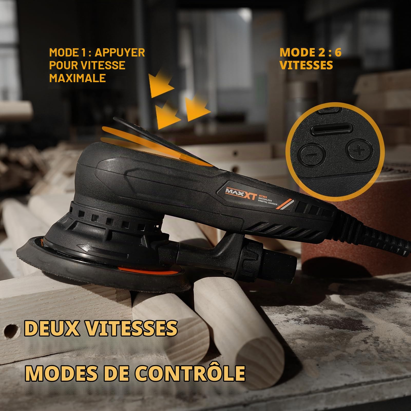 Ponceuse Excentrique Polyvalente MAXXT 230V : Pads de Soutien 125mm & 150mm, Ponceuse Électrique Sans Balai avec Vitesse Réglable, Parfaite pour les Surfaces en Bois