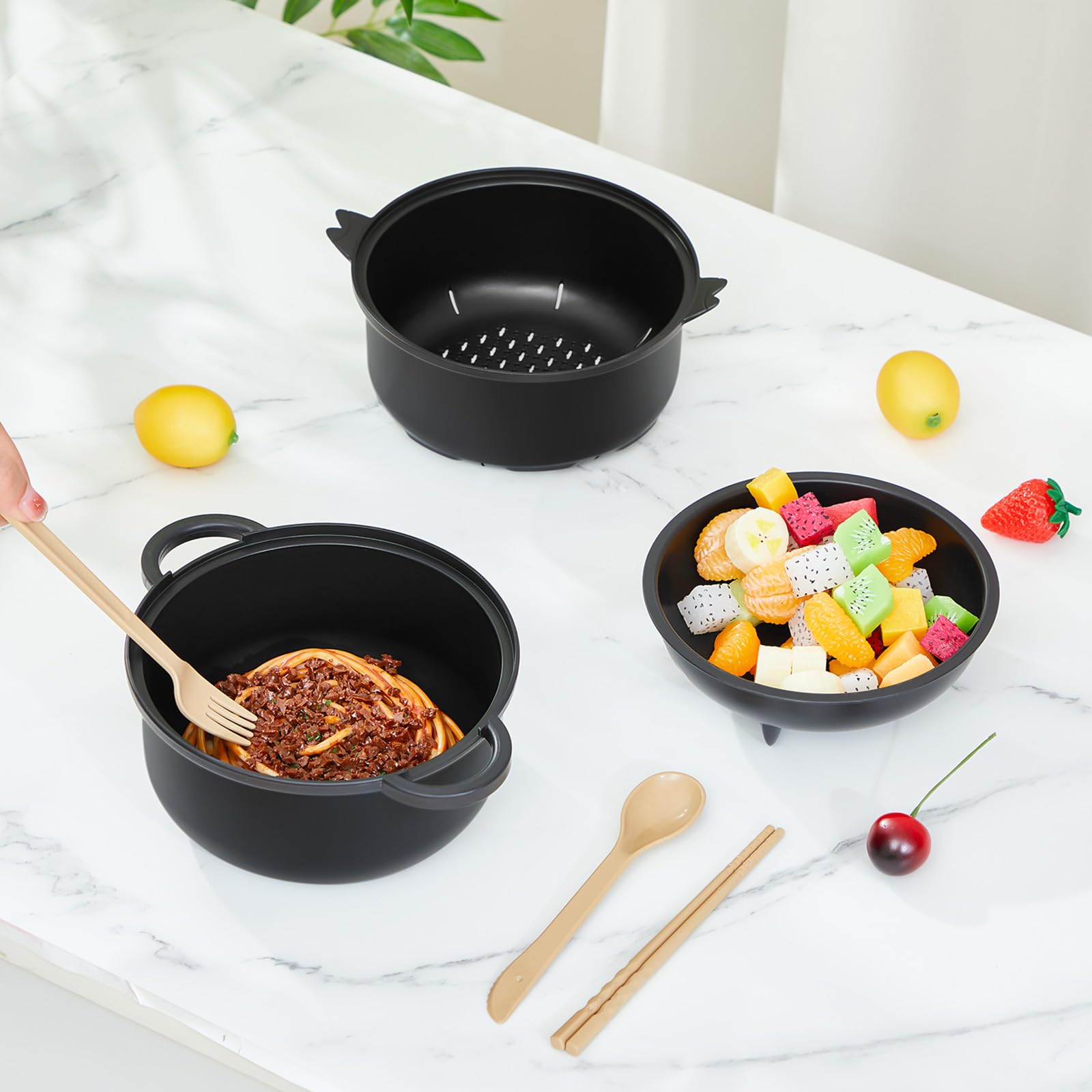 Large 45oz Cute Ramen Bowl Set Microwavable Pig Ramen Noodle Cooker Wheat Straw Bowl with Strainer Lid Handle Spoon Chopsticks Fork Gift for Home Dorm College(Black,1 Set)