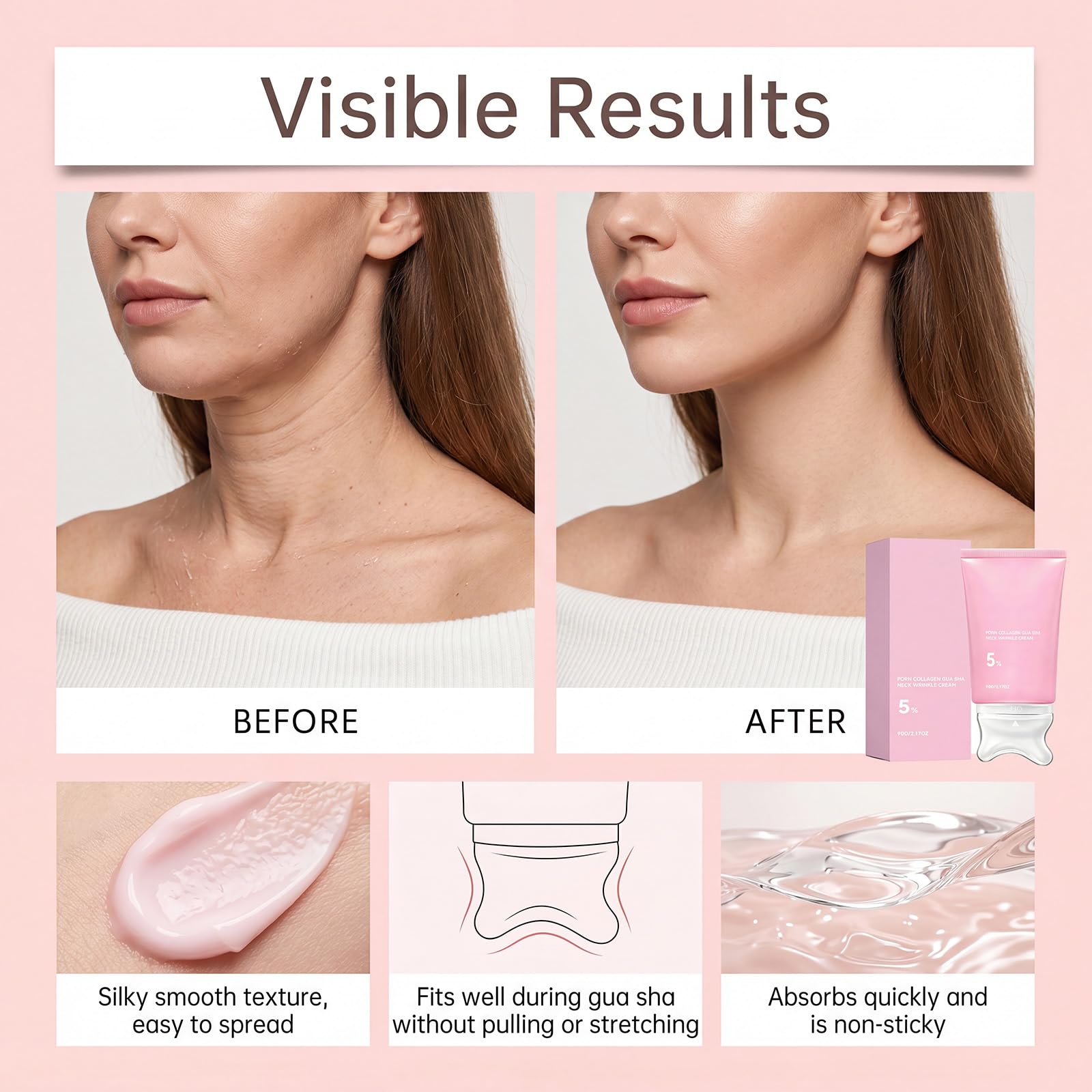 Crema reafirmante e hidratante para el cuello Gua Sha, hidratante antiedad con PDRN, colágeno y péptidos para líneas de expresión, crema reafirmante y tensora de colágeno para el cuello. (4pcs)