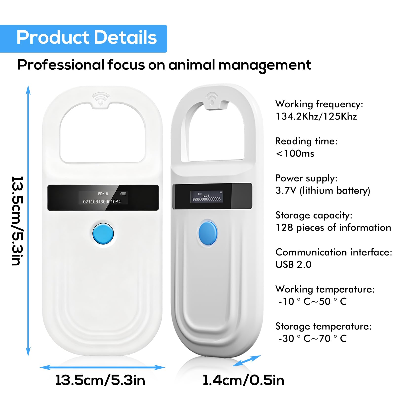 Lecteur De Puces, Lecteur D'identification D'animal, Rechargeable Rfid Emid Lecteur Puce Animaux, 134,2 Khz 125 Khz, Lecteur D'Étiquettes D'animaux Pour Animaux De Compagnie/Cochons/Chiens/Chats