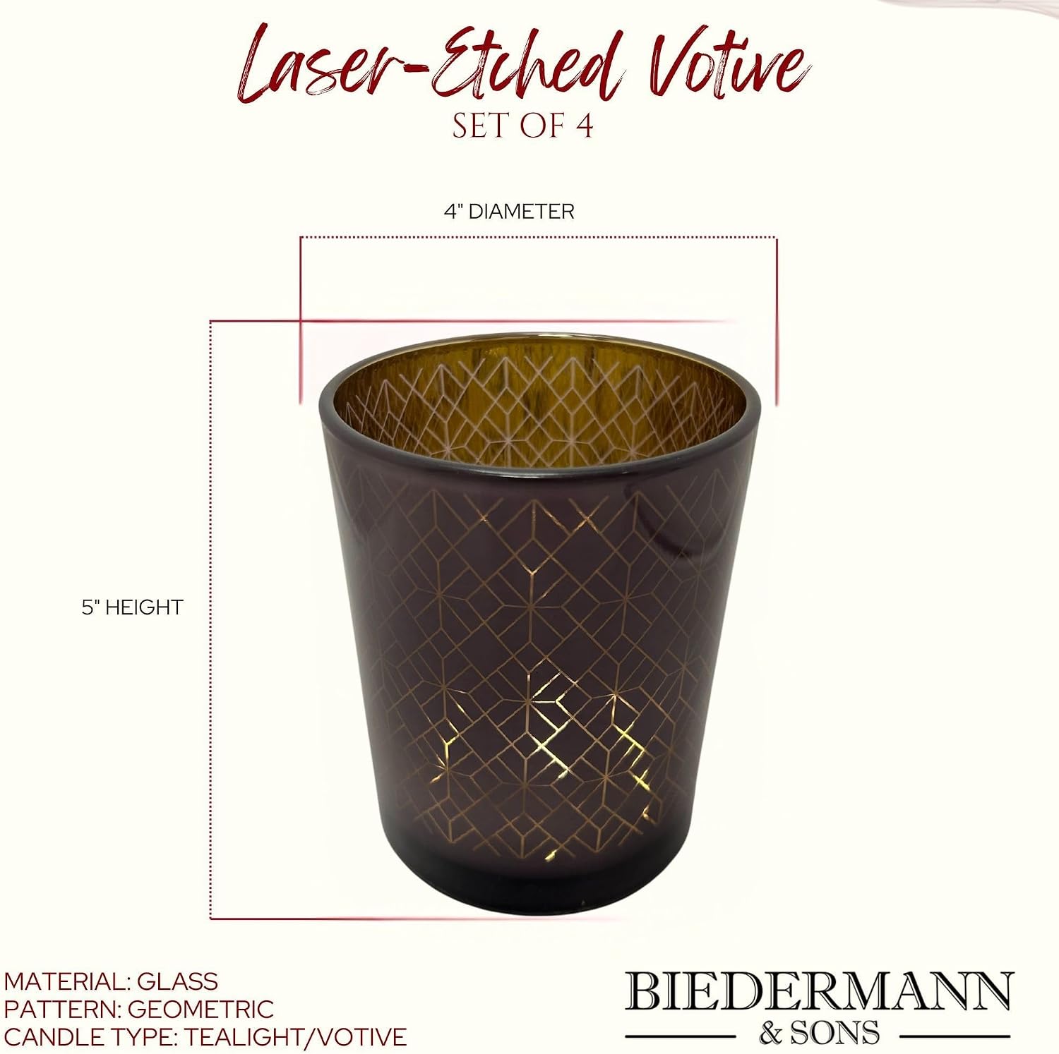 Biedermann & Sons Geometric Glass Candle Holders (Set of 4), Silver Gray with Gold Interior, 4 Inch Diameter x 5 Inch Tall, Pillar Candle Holder Decor for Tables and Shelves