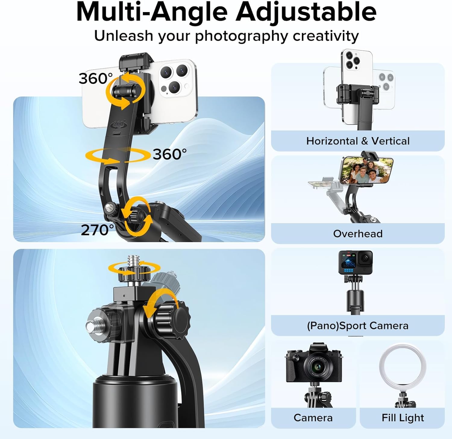 Perche à selfie avec suivi automatique du visage pour iPhone, rotation à 360°, support de téléphone avec télécommande, support d'appareil photo de 180 cm pour créateur de contenu (télécommande