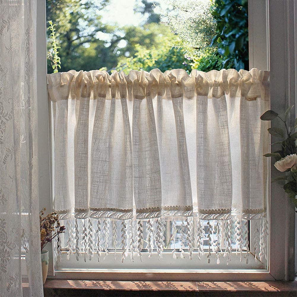 Cortinas de café cortas para cocina con borlas decorativas y tejido tipo lino vintage