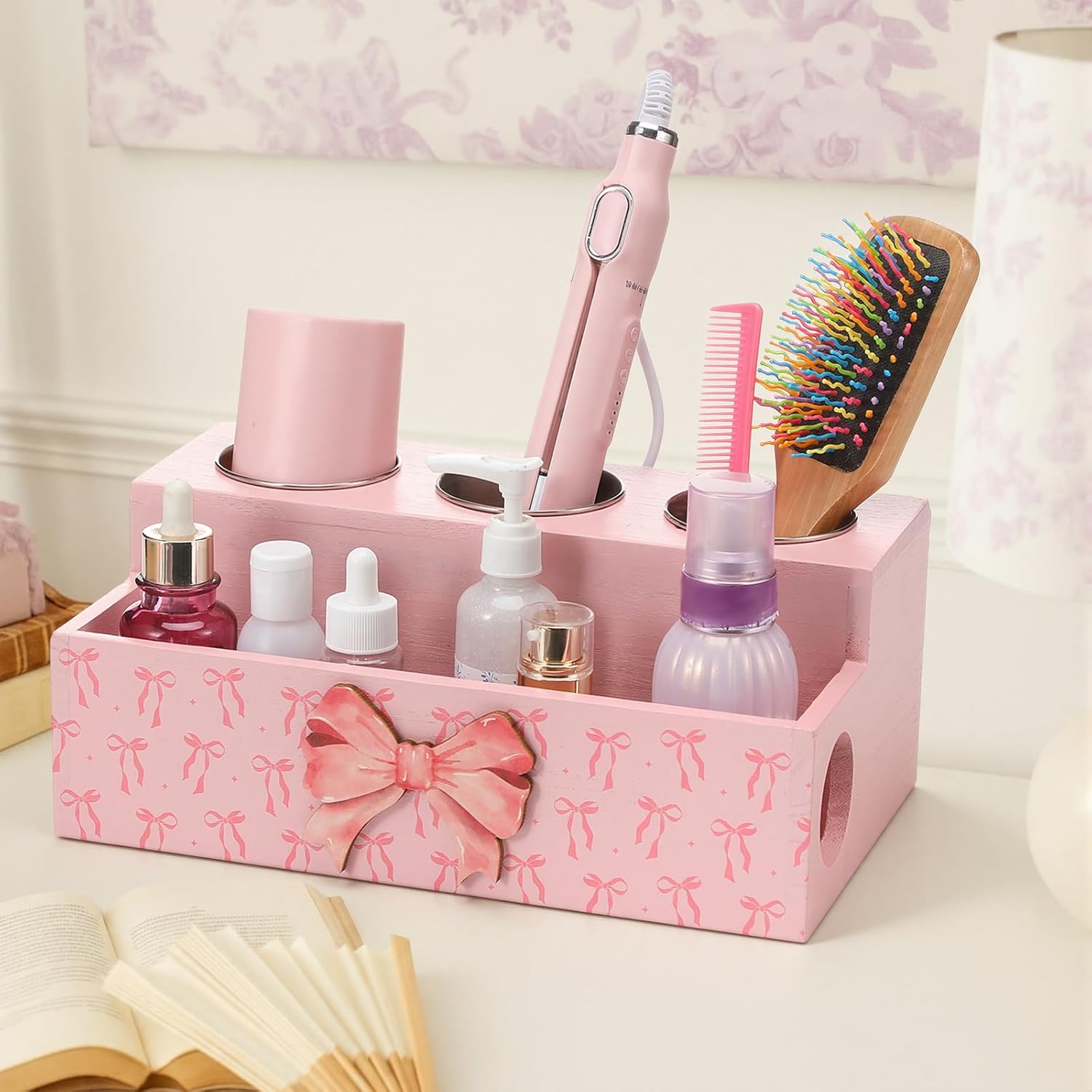 Pink Bow Hair Dryer Holder Wall Mounted Wooden Hair Dryer Holder Countertop Coquettish Preppy Bathroom Storage Accessories Decor Vanity Tools Bathroom Organizer for Curling Wand