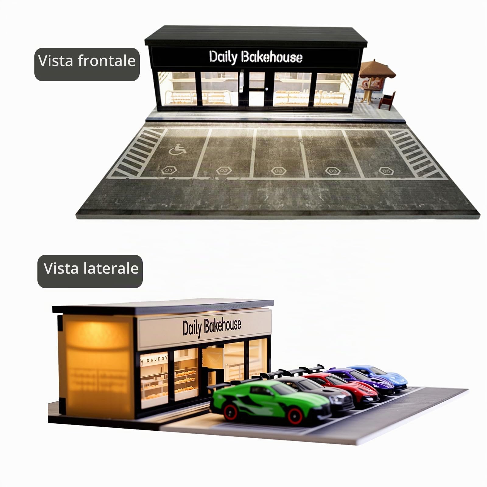 Diorama 1/64 Parcheggio, Garage Per Auto Giocattolo con Illuminazione LED, per 1/64 Scala Diecast Modello Auto, Scena Display, 5 Posti Auto All'aperto (Daily Bakehouse)