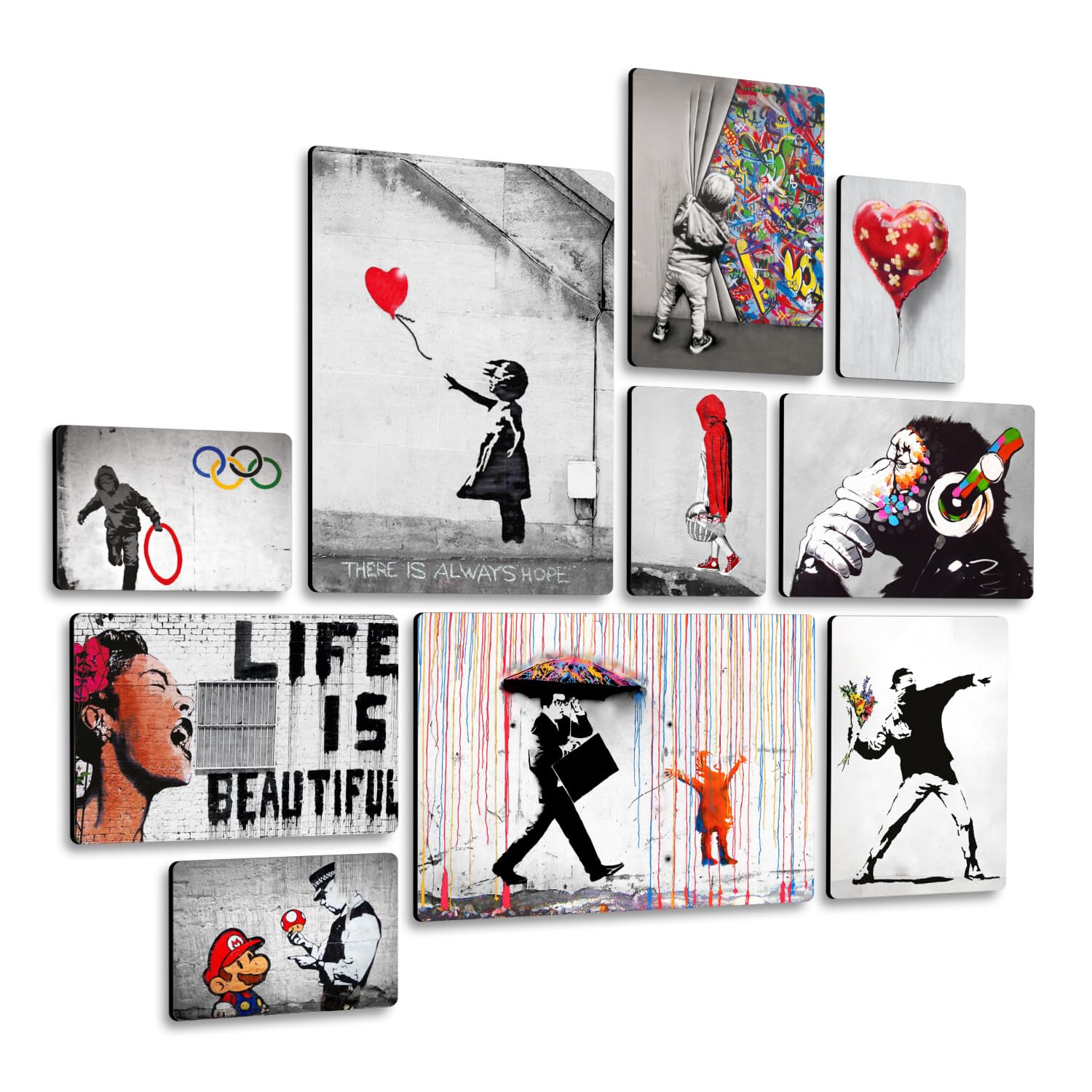 Banksy Sammlung 1 Giallobus Satz von 10 mehrteiligen Gemälden MDF-Holz 42x29,7cm 29,7x21cm 21x14,85cm