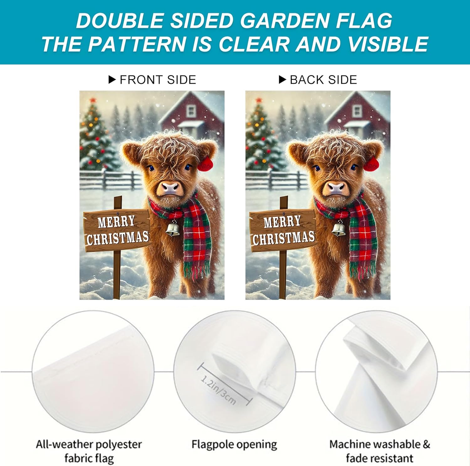 Merry Christmas Garden Flag, 12x18" Double Sided Highland Cow Snowing Garden Flag Farmhouse Winter Outdoor Yard Decoration - Image 4