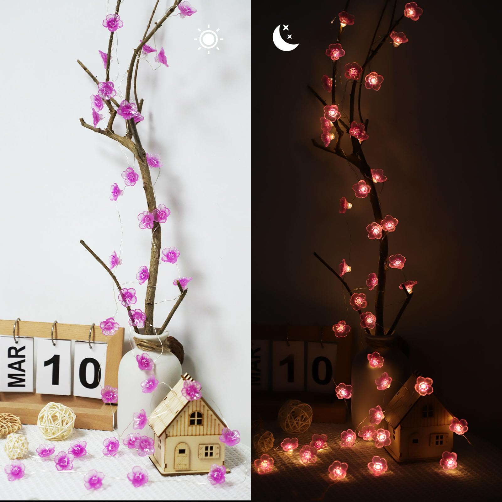 Łańcuch świetlny LED z kwiatami, łańcuch świetlny na baterie z timerem, 20 diod LED, 2 m, kwiaty wiśni, dekoracja na wiosnę, zasilanie bateryjne, dekoracyjne światła na imprezę, do sypialni, na Boże