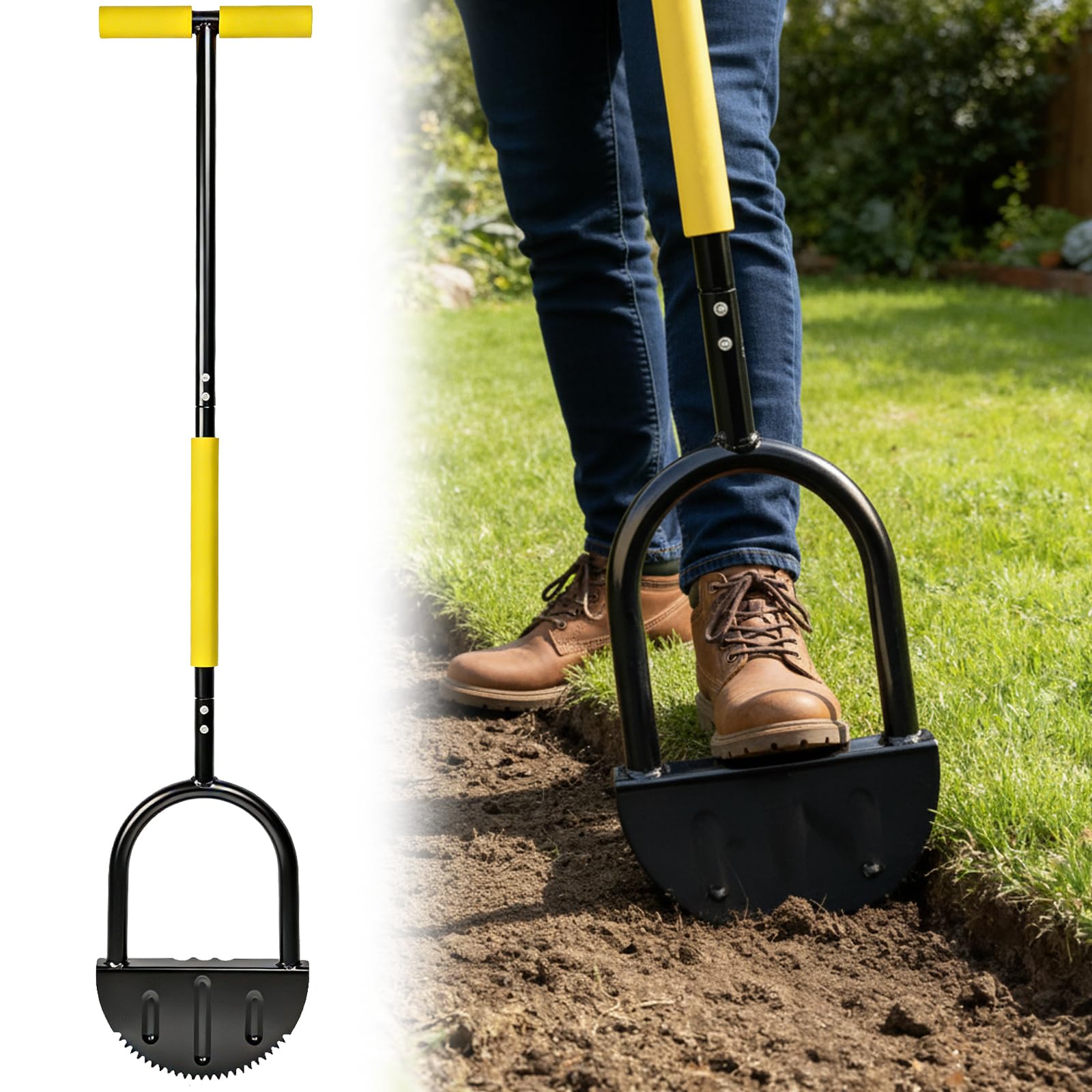 Lawn Edger Tool, 110cm Long Handled Half Moon Edger with Serrated Saw-Tooth Blade, T-Grip Manual Garden Edging Tool for Grass, Borders, Sidewalks and Landscaping - Heavy Duty Rustproof Steel