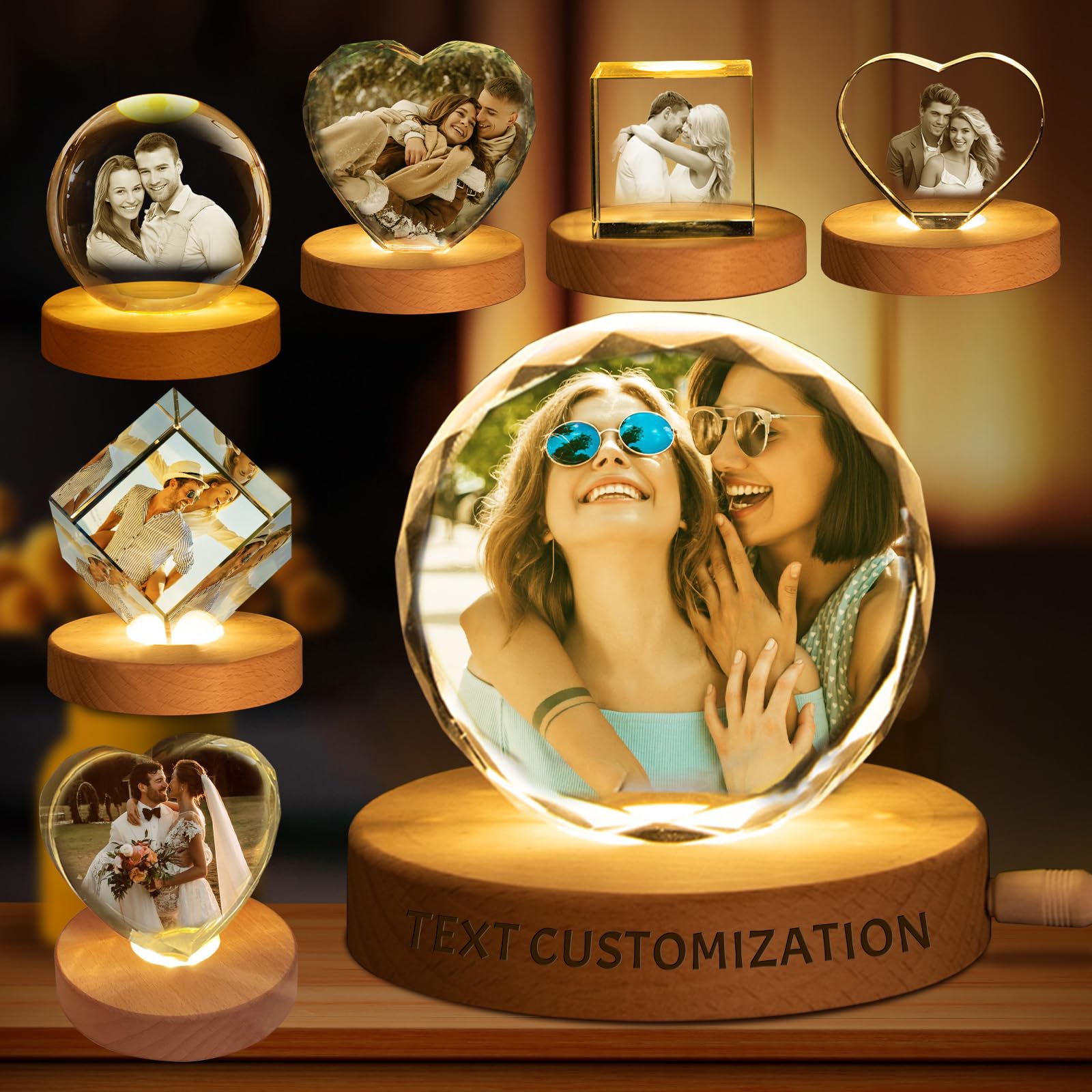 Custom 3D Crystal Ball Night Light – Personalized Photo with Wooden Base – Engraved Gift for Birthday, Wedding, Graduation, and Special Occasions (Sunflower)