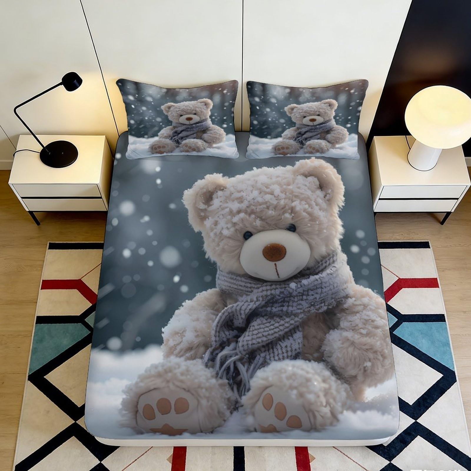 Pnayamiorkfel Style-5 3D Printed Snowy Teddy Bear Fitted Sheet Microfiber Soft Anti-Slip Bed Cover For Bedroom Guest Room Decor 90X200x25cm
