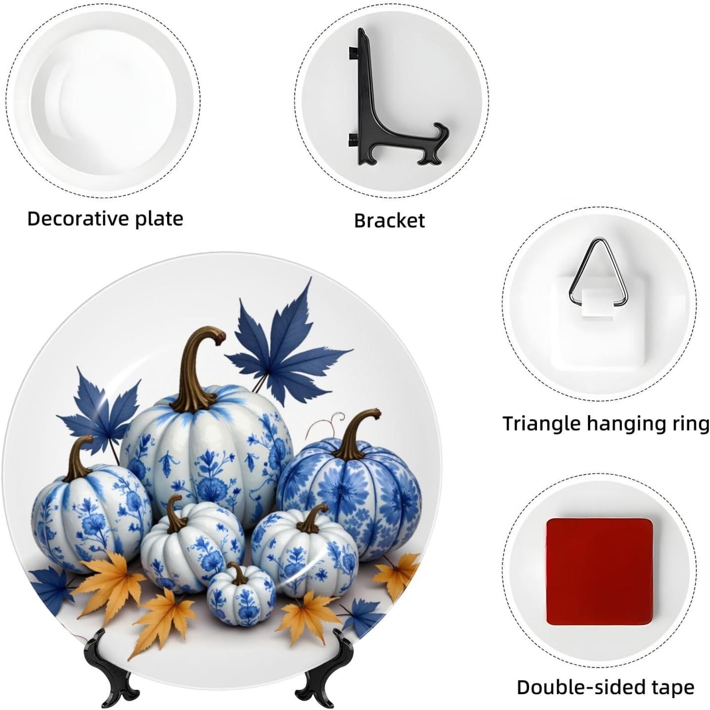 Blue And White Pumpkin Style Ceramic Plate Display Decorative Plate With Stand Wall Hanging Plate For Home Decor 10 Inch