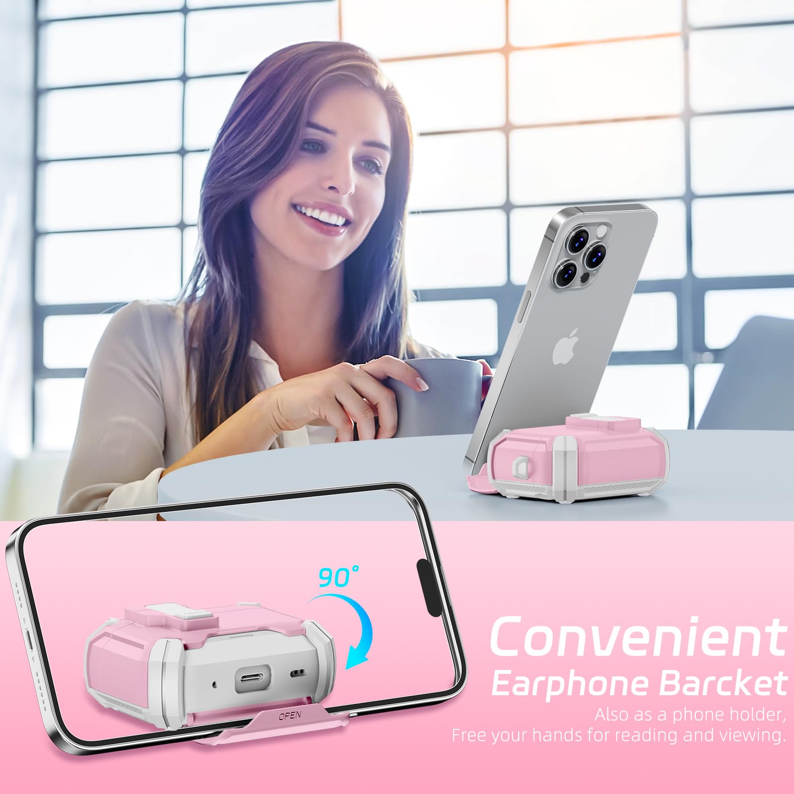 for AirPods Pro 2 Case with Secure Lock & Phone Stand, Compatible with MagSafe, Pink Cover for Apple AirPods Pro 2nd/1st Generation, Shock Protective Airpod Cases with Cleaner, Keychain, Auto-Open