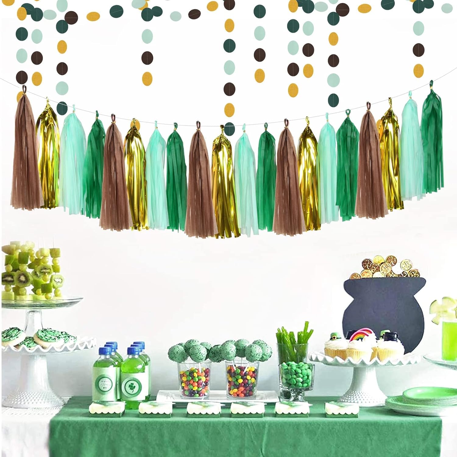 Sage-Green Gold Party Decorations - Bridal Shower Decor Neutral Baby Shower Circle Dots Garland Wedding Pennant Banner Engagement Tassel Birthday Party Tissue Paper Flower Hanging Decoration