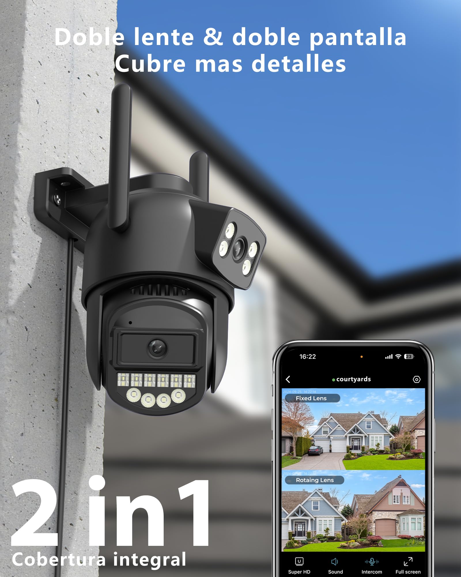 Reobiux Camara Vigilancia WiFi Exterior, Doble Lente, 6MP, 2.4/5Ghz Camara Vigilancia,360°, PTZ,Ethernet,Interior, Cable,Visión Nocturna Color,Two-Way Audio,Detección Humana,IP66