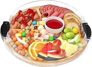 Charcuterie Boards, Round Bamboo Charcuterie Board with Locking Lid & 6 Compartments, Reversible Cheese Board Serving Tray with Clear Plastic Cover House Warming Gifts