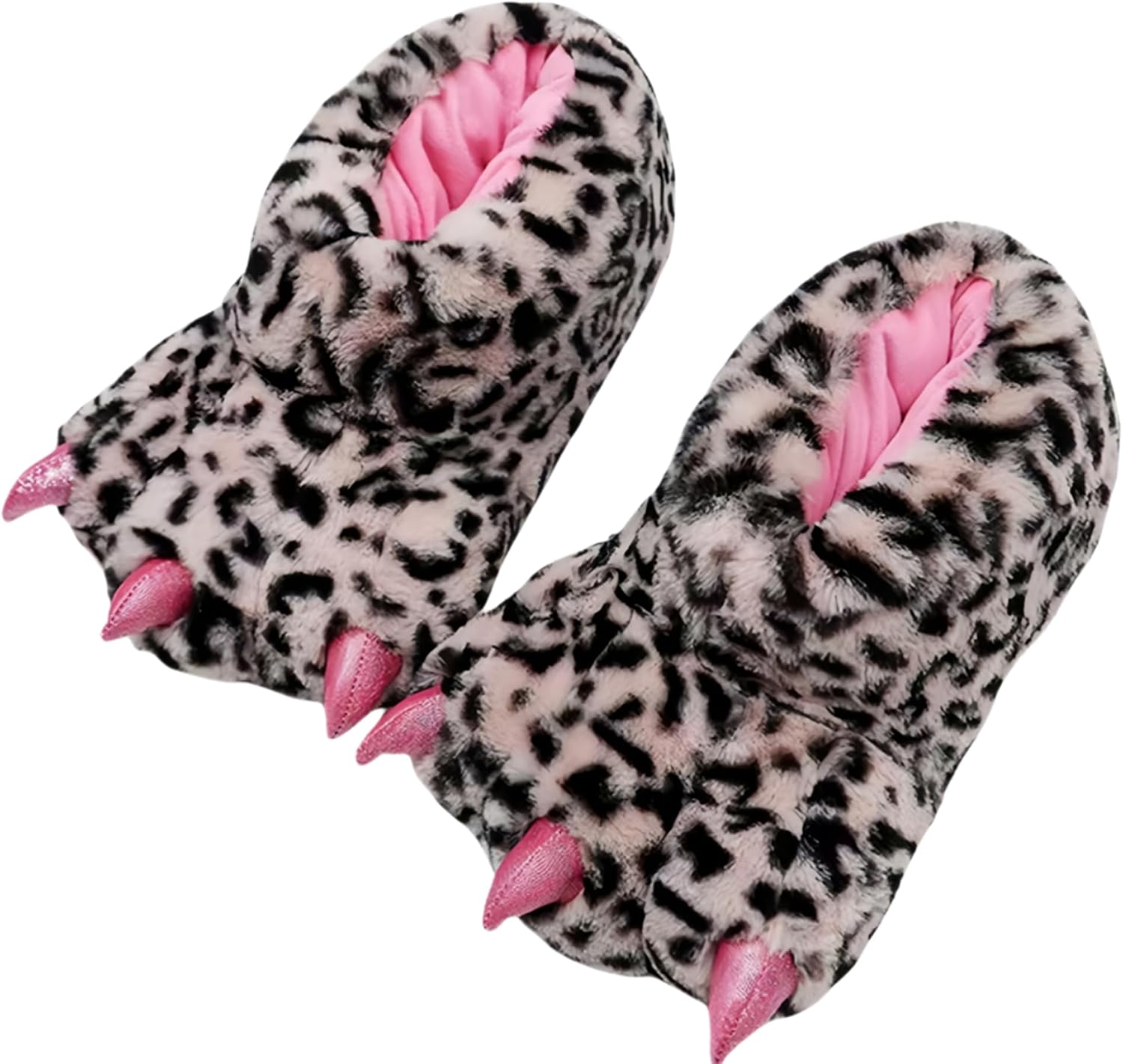Leopard Print Monster Claw Slippers, Plush Animal Paw House Shoes with Pink Claws