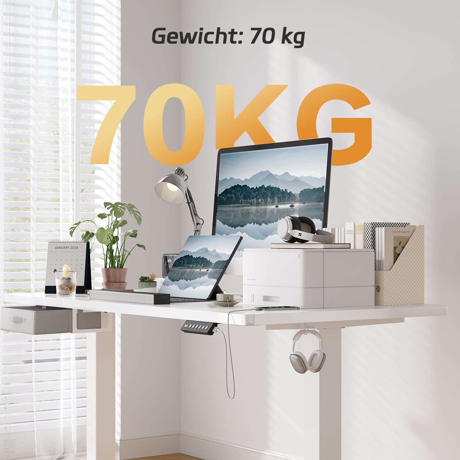JUMMICO Höhenverstellbarer Elektrischer Stehtisch 160 x 80 cm mit Schublade und Haken – Höhenverstellbarer Sitz-Steh-Tisch mit Stabilem Stahlrahmen, Breiter Stehtisch für das Homeoffice, Weiß