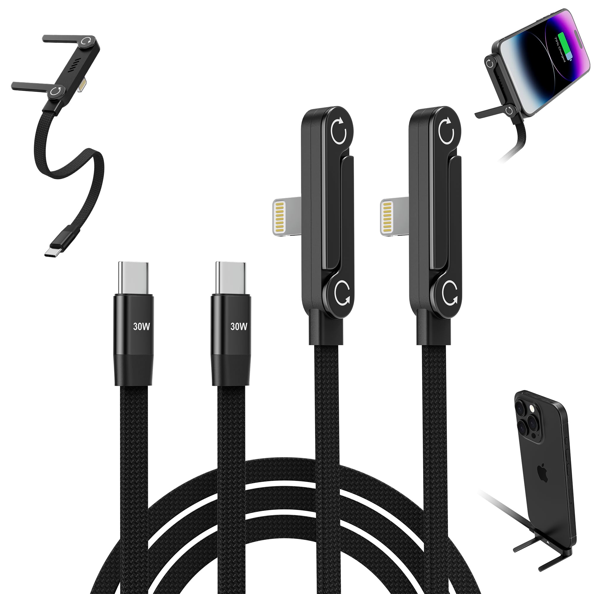 Lot de 2 câbles USB C vers Lightning intégrés pour téléphone - Certifié MFi - 30 W - Câble de charge rapide latéral pour iPhone 14-5, iPad