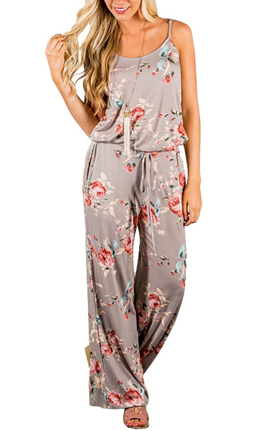 Landove Monos Estampados Mujer Largos Fiesta Jumpsuit Vestir Elegante Playsuit Romper Pantalones Anchos Boho Chic Mono Flores de Verano Cuello en V Sin Mangas Traje de Playa Cóctel Bodysuit Siameses Clubwear