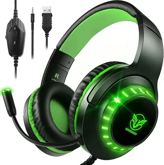 Pacrate PC Gaming Headset für PS4 Xbox One PS5, PS4 Headset mit Mikrofon & LED Lichter, PS4 Gamer Kopfhörer mit Mikrofon, 3.5mm Surround Sound Headset mit Intensiven Bässen für Switch Laptop Mac
