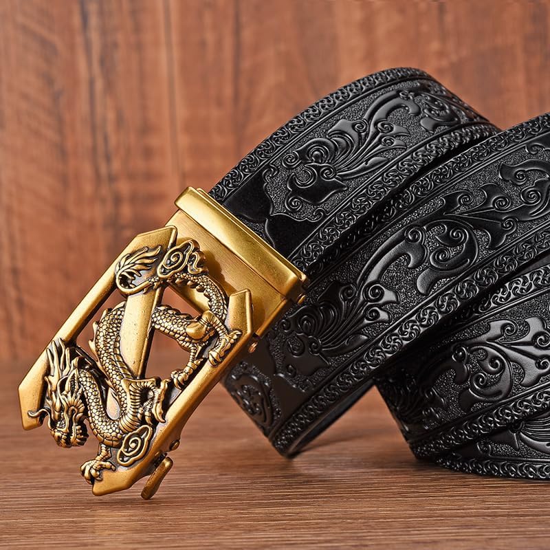 Luxury Men's Belts Engraved Vintage Dragon Head Automatic Buckle Alloy, Leather Men Waist Strap, Slide Easier Adjustable Belt, Cut To Fit, Men Dress Casual Ratchet Belt - Image 7