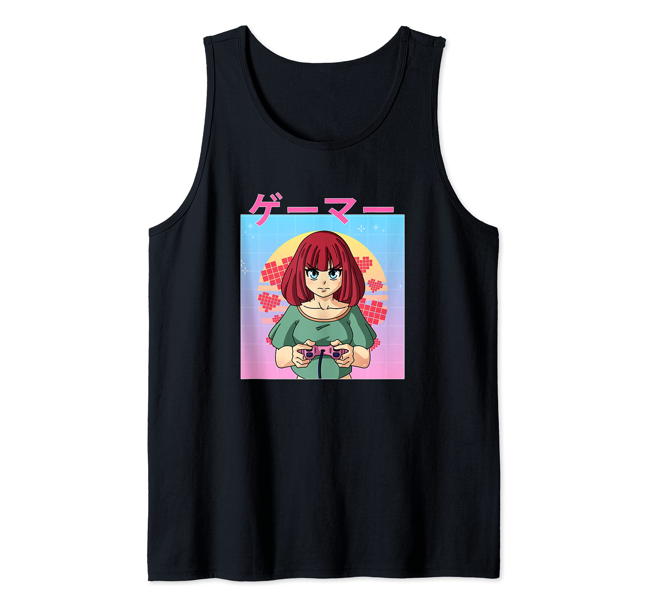 Funny Retro 90s Japanese Kawaii Anime Girl Video Game Gamer Tank Top, Black