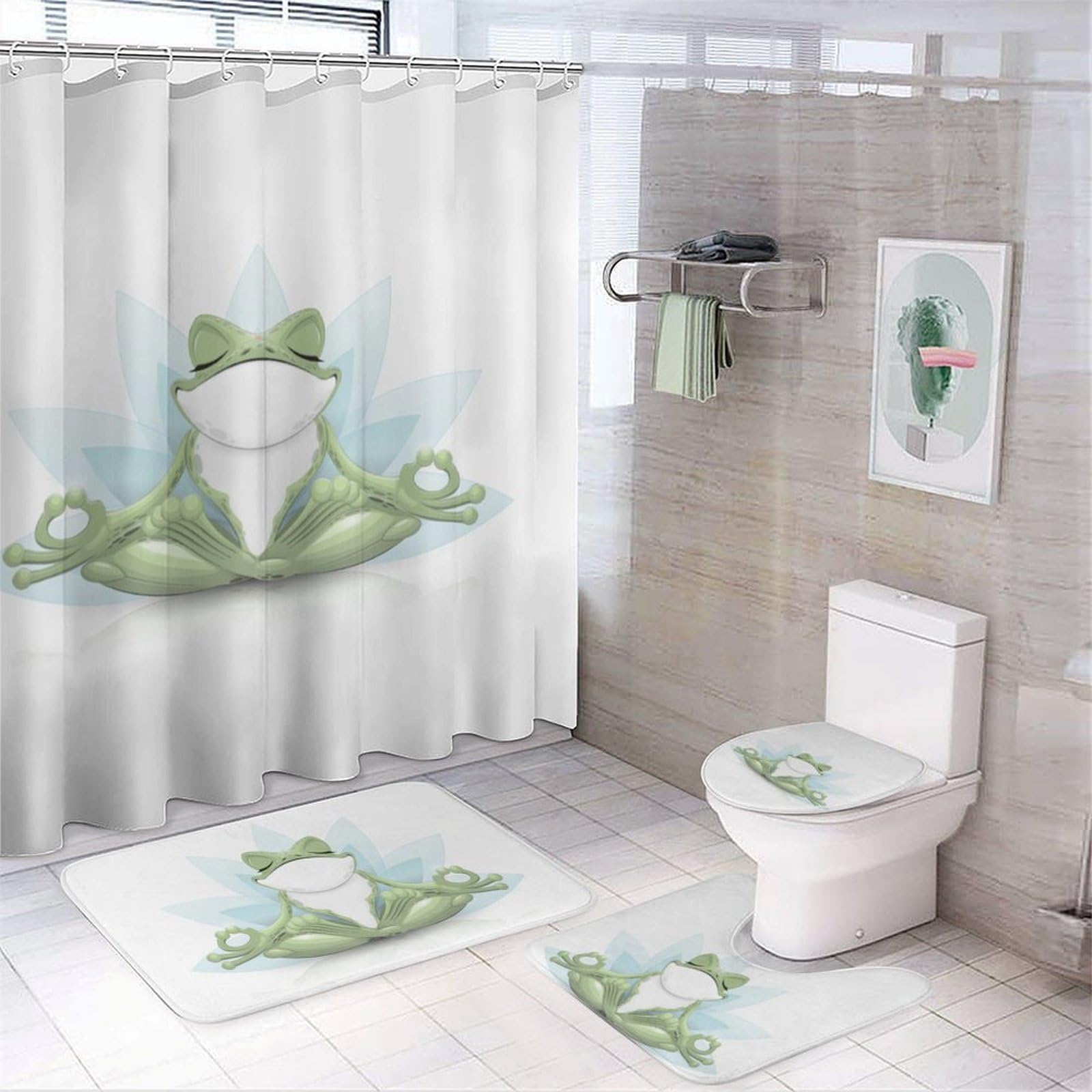 JZemdybill Bathroom Mat Set 4 Piece, Funny Yoga Frog Shower Curtain with Non-Slip Bath Mats for Bathroom