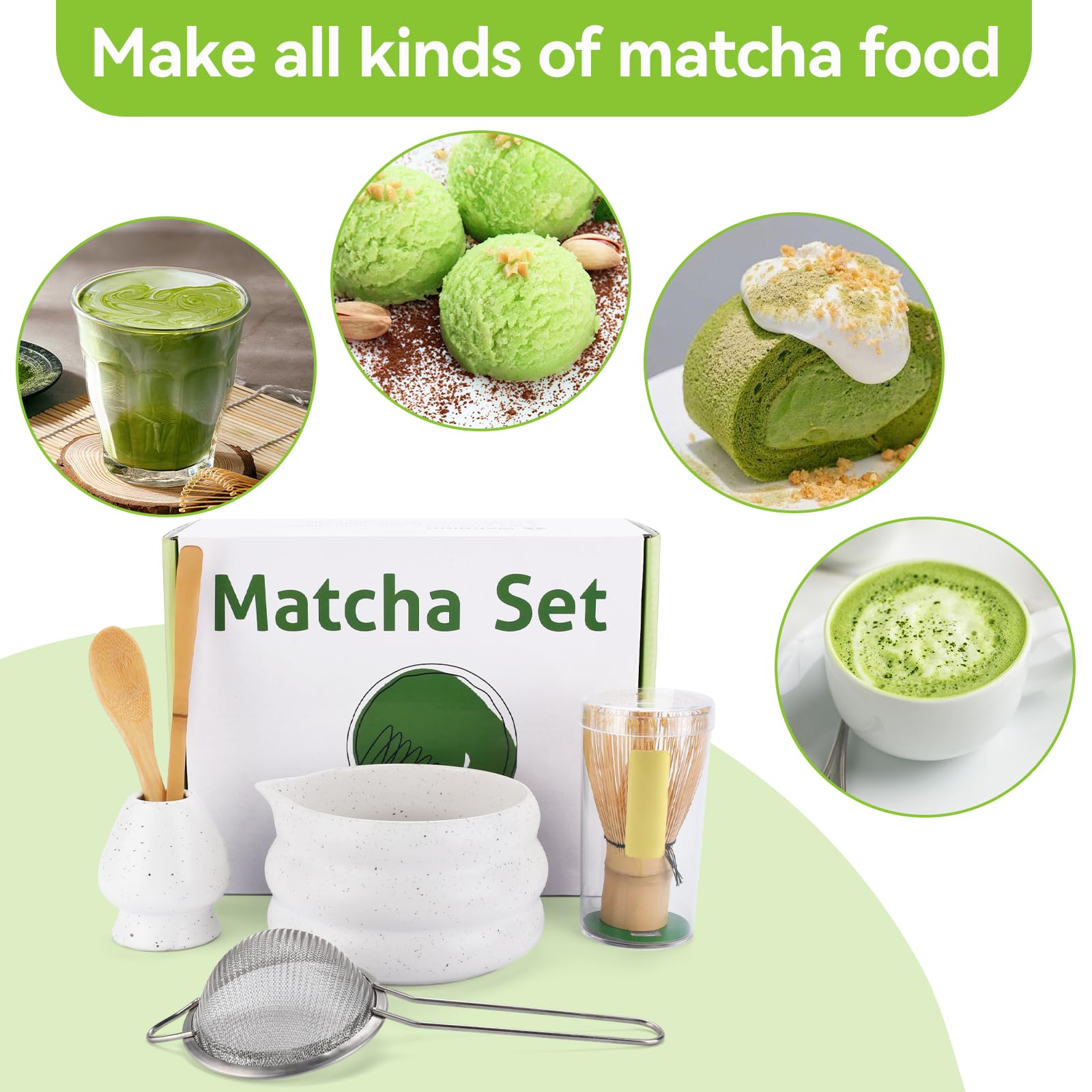 Zestaw Matcha,7-częściowy tradycyjny zestaw do herbaty z miseczką matcha, bambusową trzepaczką, sitkiem i akcesoriami, japoński zestaw do herbaty matcha dla miłośników matcha