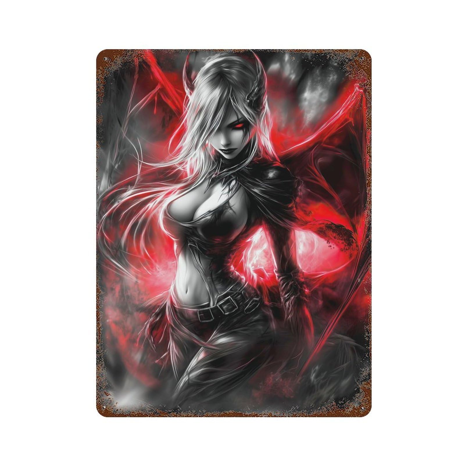 Vintage Rust Metal Sign with Succubus Demon Girl Design 15.7"x11.8", for Garage, Bar And Workshop Decor, Retro Wall Decor