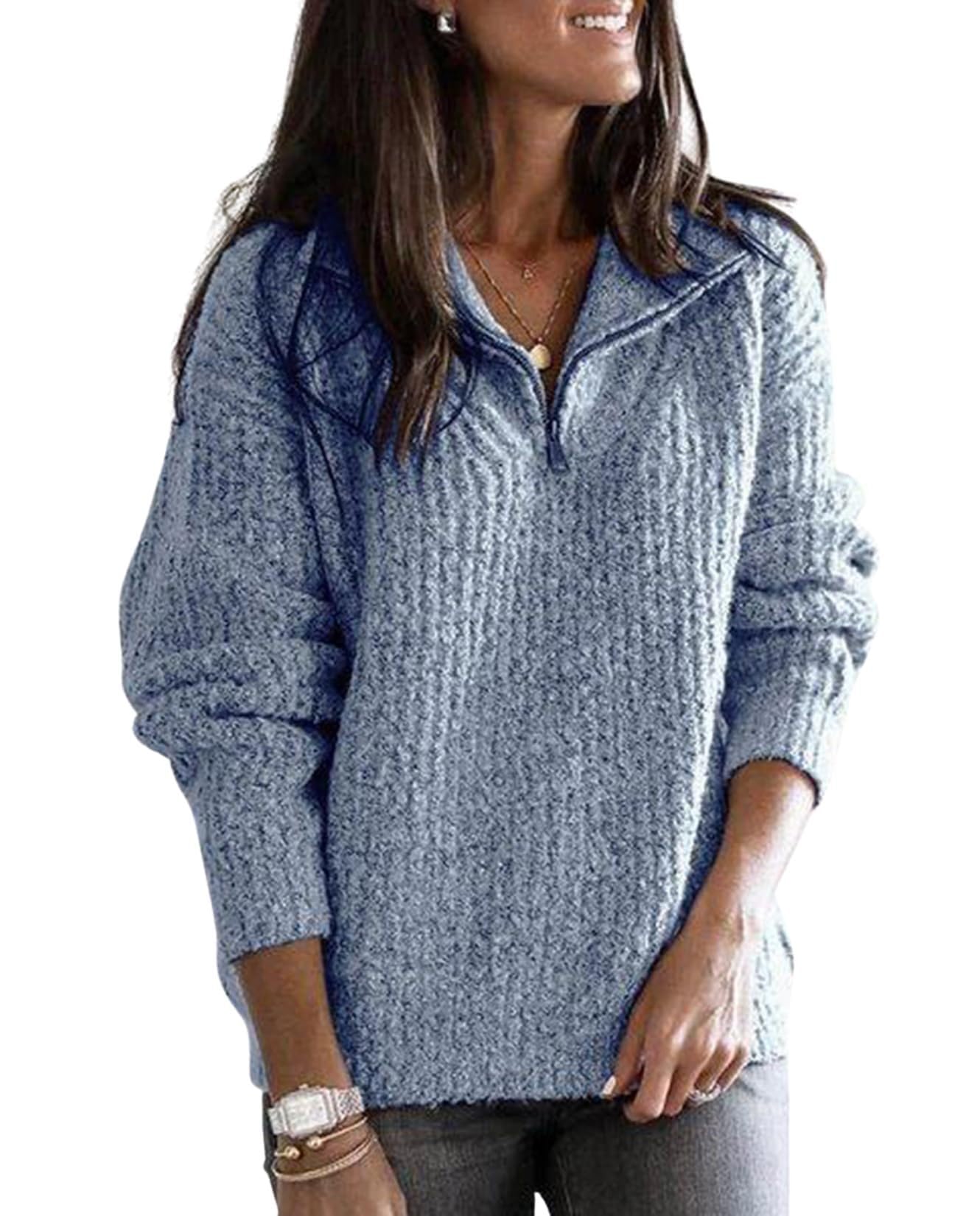 Womens Pullover Sweater - Fall Winter Loose Fit 1 4 Zip Solid Color Casual Top for Vacation Daily