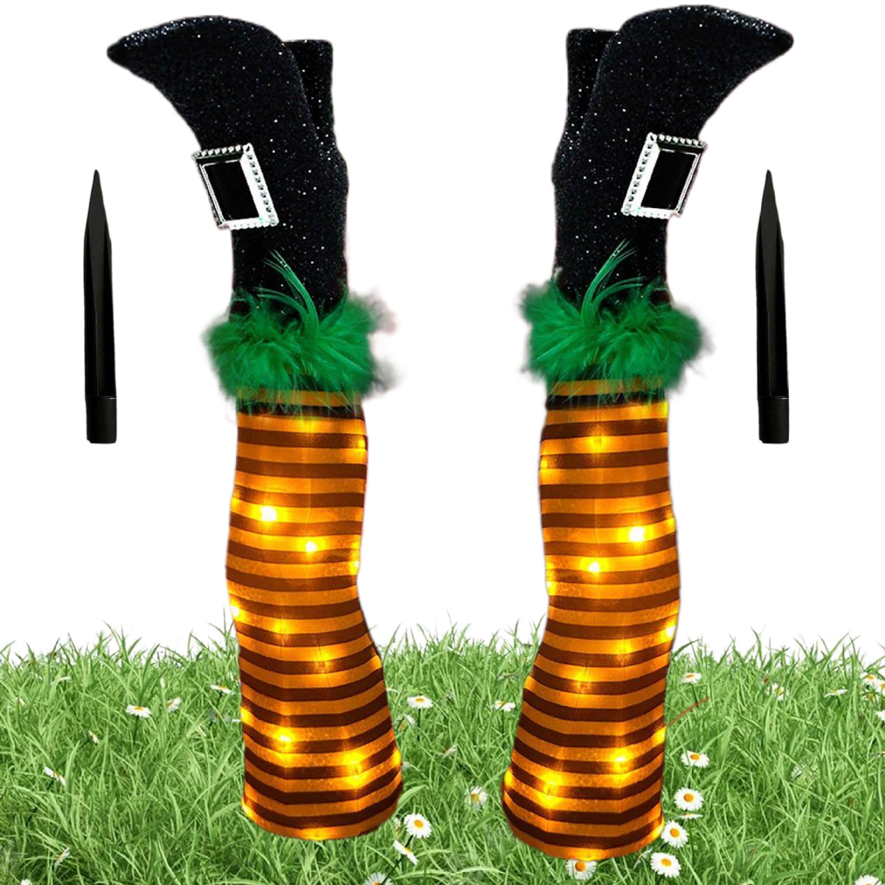 Yeaxxsqy 1 Pair 17" Wicked Upside Down Witch Legs with Stakes & LED Light, Stuffed Halloween Decor for Spooky Party Garden (Orange)
